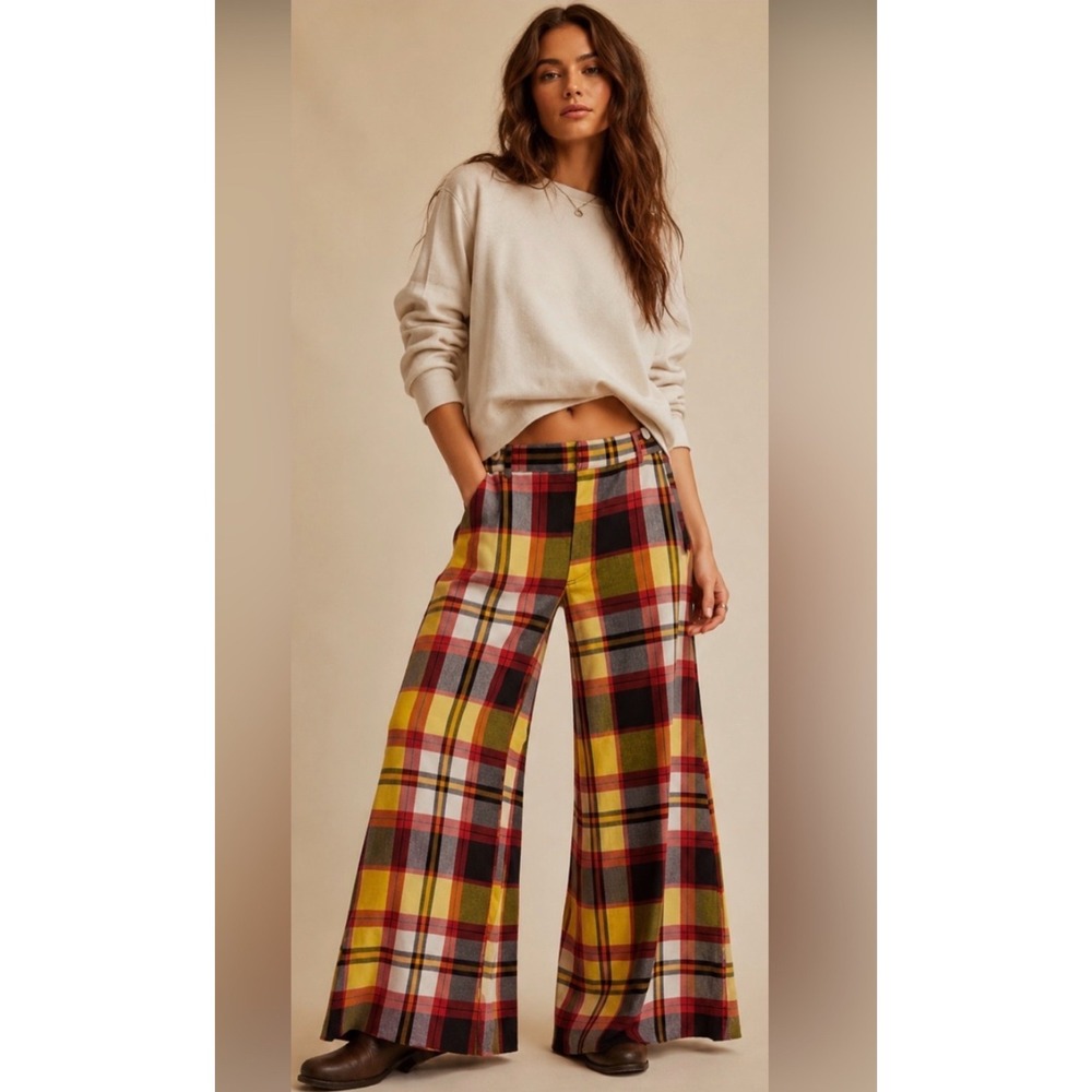 Free People Plaid Wide Leg Pants Yellow Red Multi High Rise Flare Trousers 0